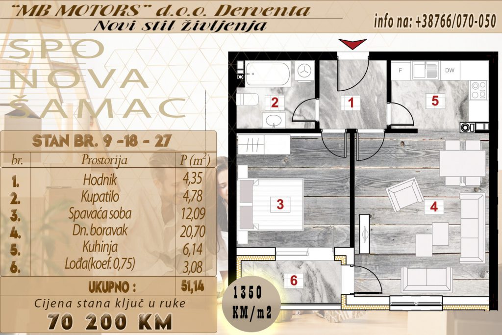 Jednosoban stan 52 m2 u centru grada Šamac