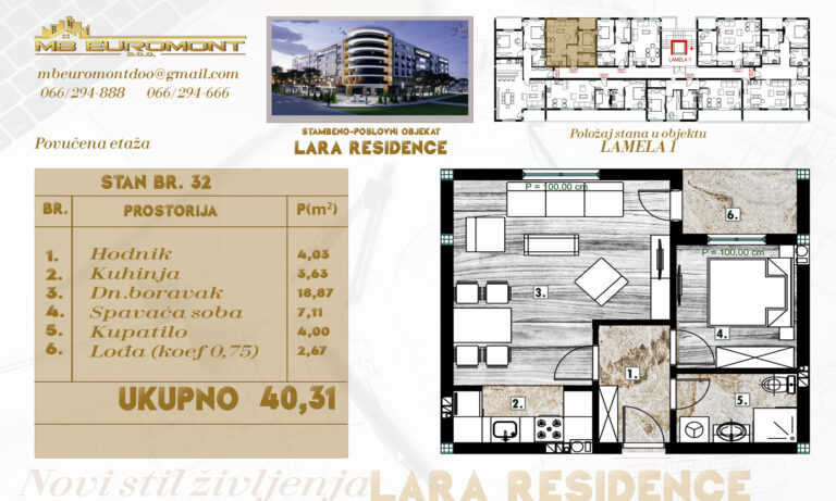 Prodaja jednosobnog stana od 40 m2 u centru grada Derventa, stambeno- poslovni objekat Lara RESIDENCE