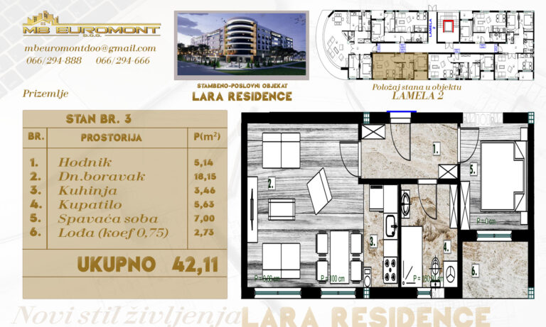 Stan od 42 m2 u prizemlju, prodaja stanova u izgradnji u novom stambeno-poslovnom objektu "LARA RESIDENCE"