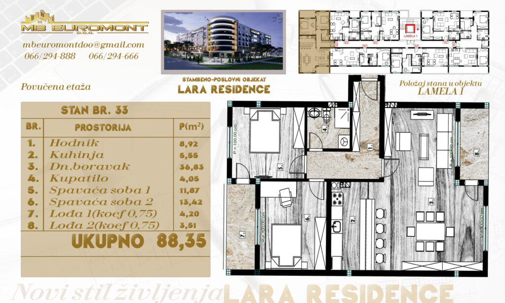 Na prodaju dvosoban komforan stan od 88 m2 u centru grada Derventa, objekat "LARA RESIDENCE" pored INNA pumpe
