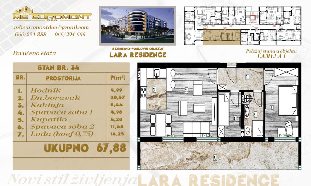 Na prodaju stan od 68 m2 u izgradnji sa komfornim balkonom- objekat "LARA RESIDENCE", Derventa