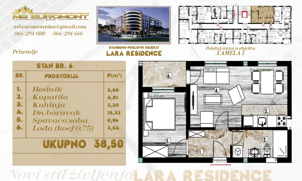 Na prodaju stan u izgradnji od 39 m2 U PRUZEMLJU u centru grada Derventa, objekat LARA RESIDENCE